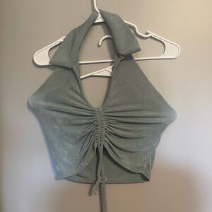 Bluish-green backless and collared tank top with ruching, fits sizes XS-M